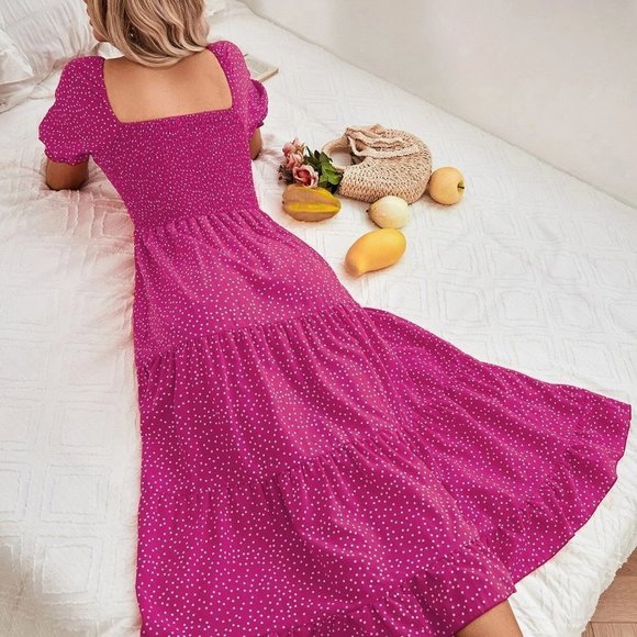 Hot Pink Boho Womens bPolka Dot Shirred Puff Sleeve Split Thigh Ruffle Hem Dress - Picture 2 of 5